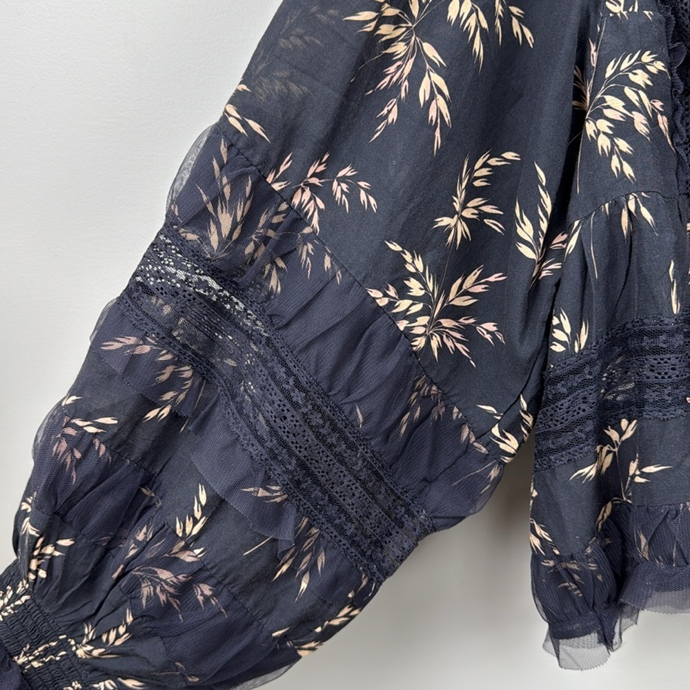 🎀By Anthropologie Ruffled V-Neck Popover embroidered  wheat print  Blouse medium - Picture 8 of 13